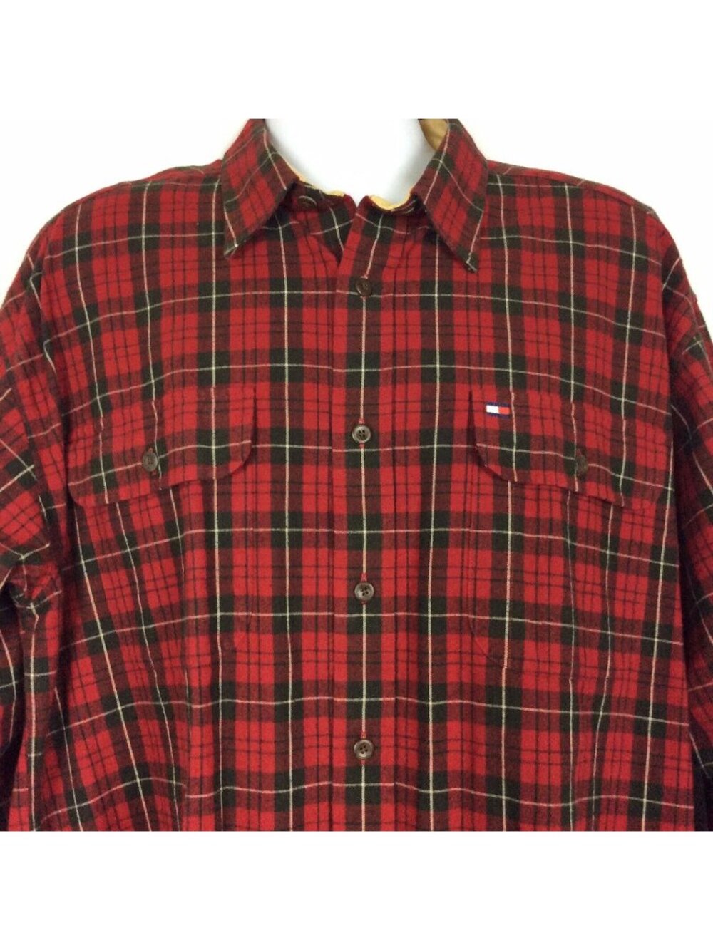 Tommy Hilfiger Mens Red Plaid Flannel Shirt XL Cotton Button-Up Long Sleeve